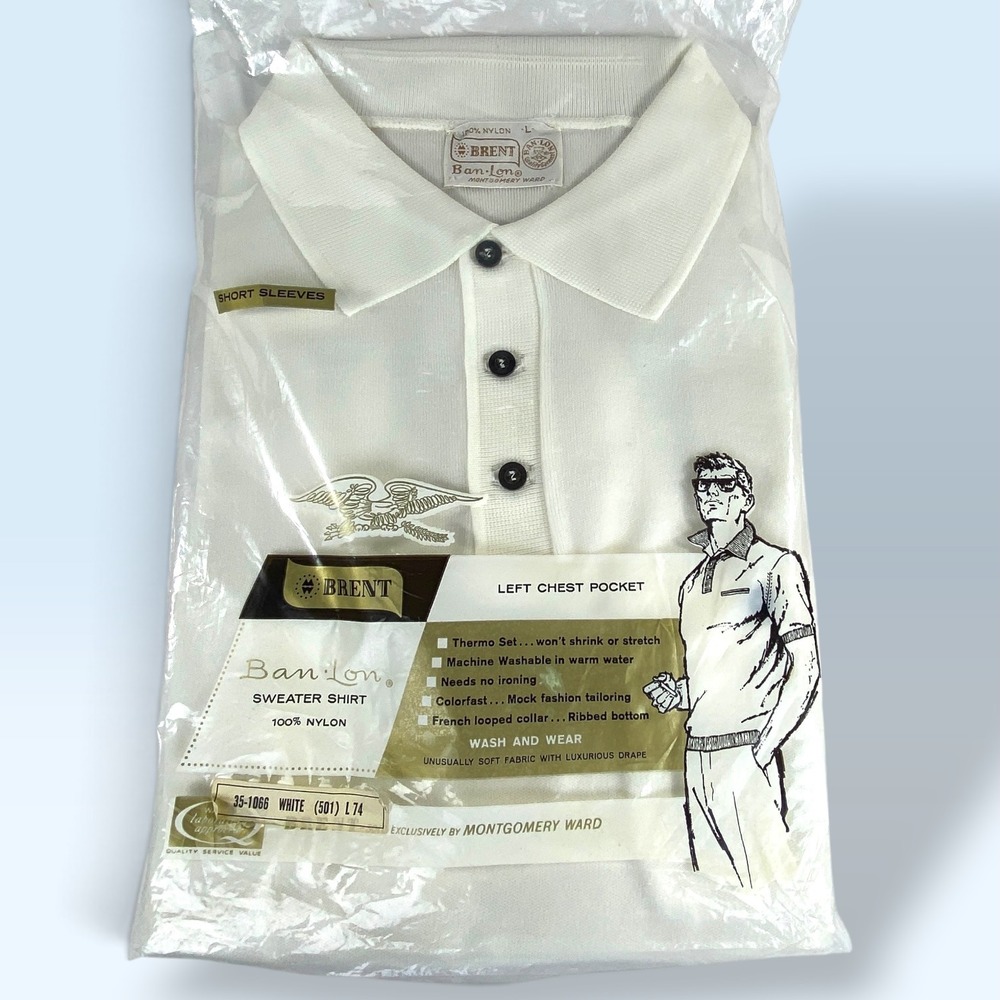 Montgomery Ward Brent Ban-Lon Polo Shirt Mens Large White NOS 1960s